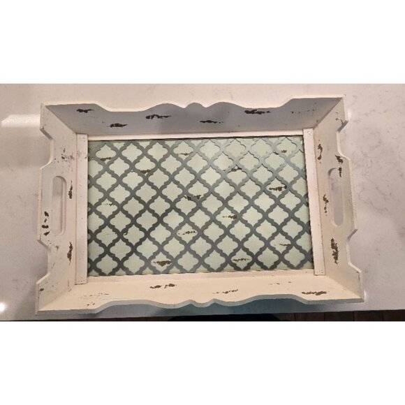 Hobby Lobby Other - Distressed White Wooden Serving Tray With Glass Mosaic Inlay For Decorative Or F